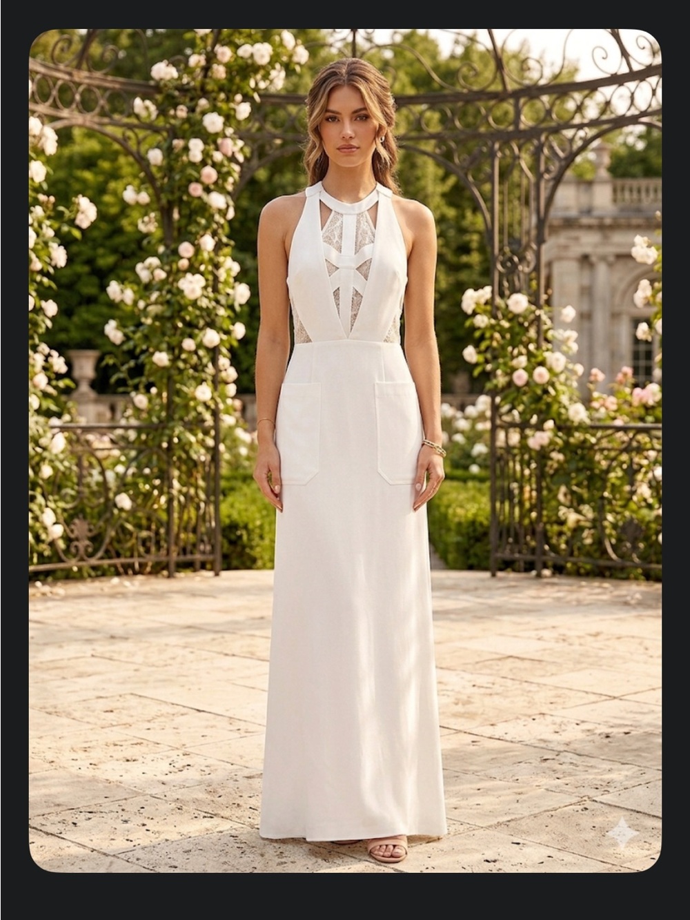 BCBG Elegant White Halter Maxi Dress with Lace Insert